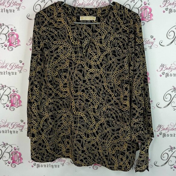 Michael Kors blouse chains ⛓️‍💥 link chain link Black Gold Chain Print Blouse - Picture 1 of 12